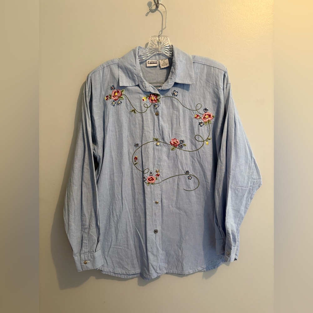 Vintage Capacity Floral Embroidery Long Sleeve Button Down Cotton Blouse Large - Picture 5 of 12